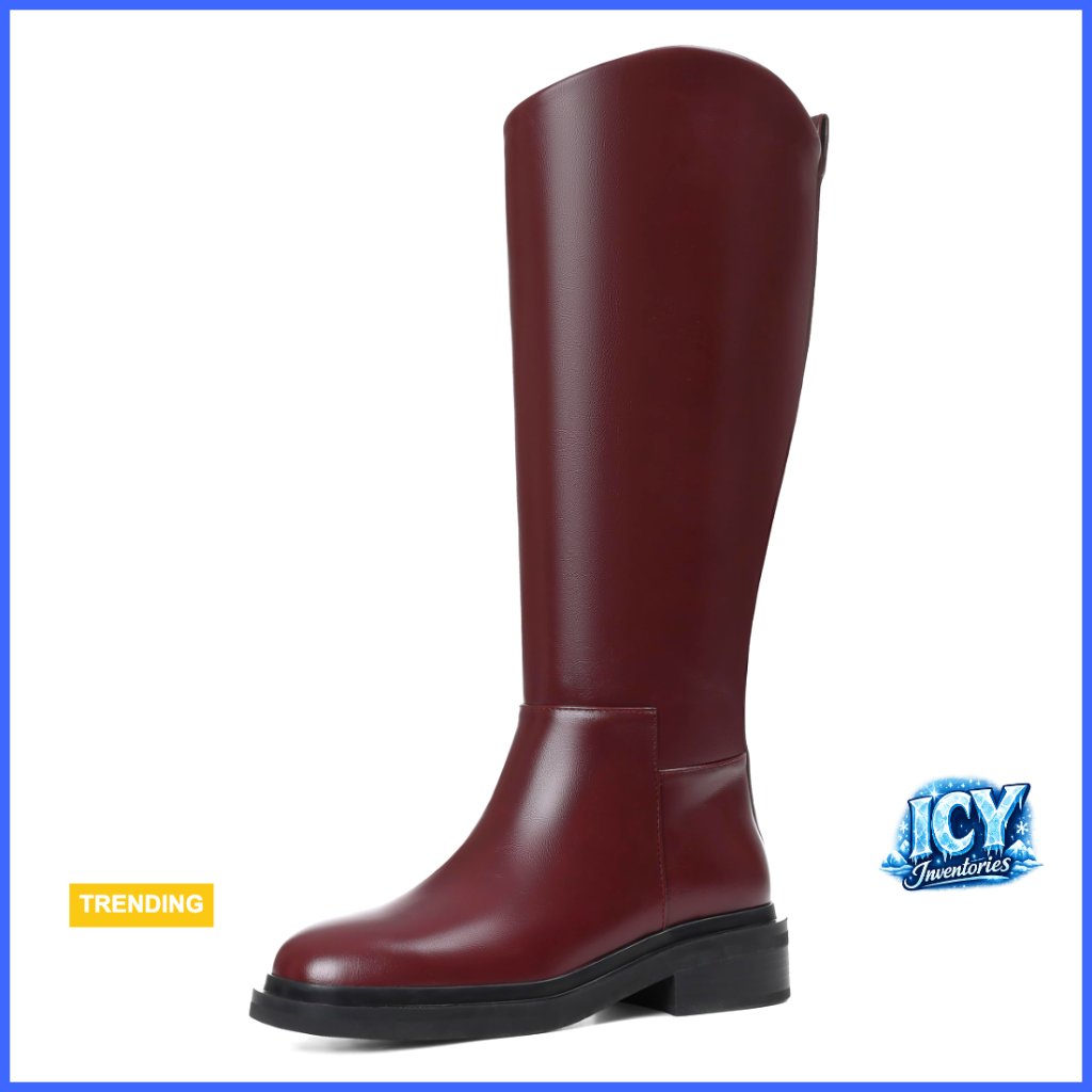 Faux Leather Knee High Boots With Low Heel And Side Zipper